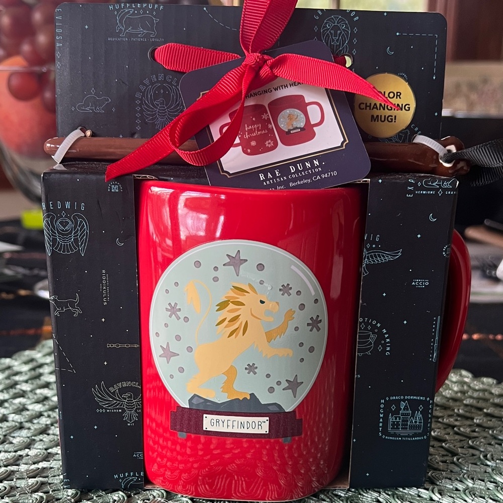 New, boxed, Rae Dunn Red Gryffindor Mug with Lion Design. Mug and wand set.